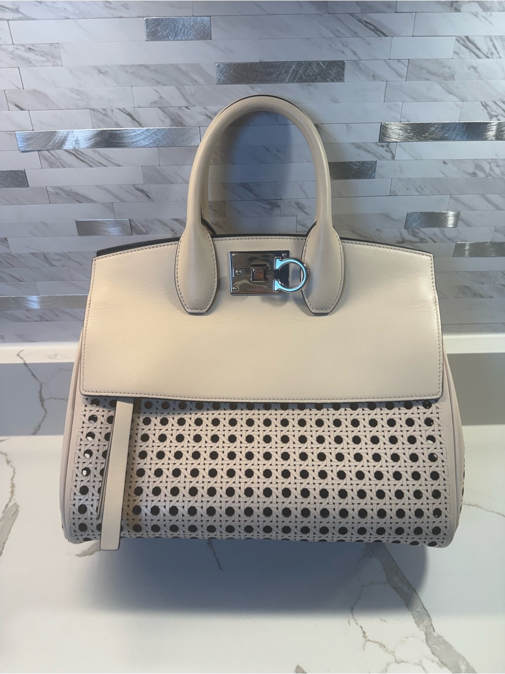 Salvatore Ferragamo Studio Bag – Ivory Perforated Leather Tote - like new